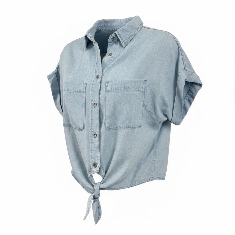 Love Tree Light Denim Blue Crop Top Tie Waist Button Front Short Sleeve